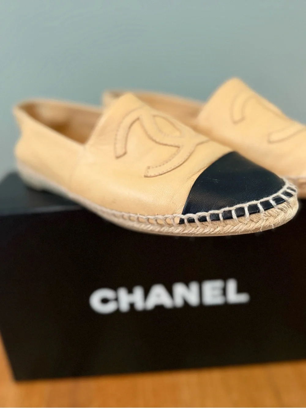 CHANEL Beige Leather Espadrilles with Black Cap Toe